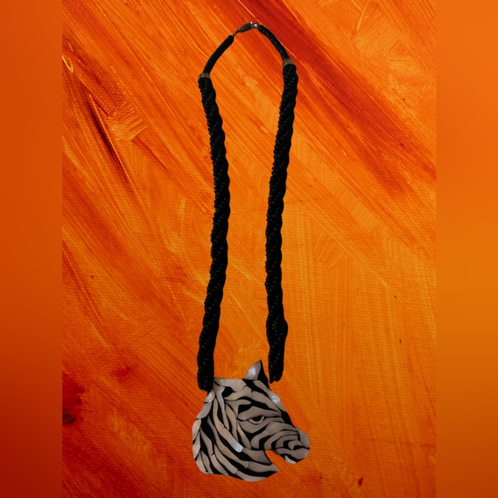 Vintage Lee Sands Zebra Pendant Black Necklace